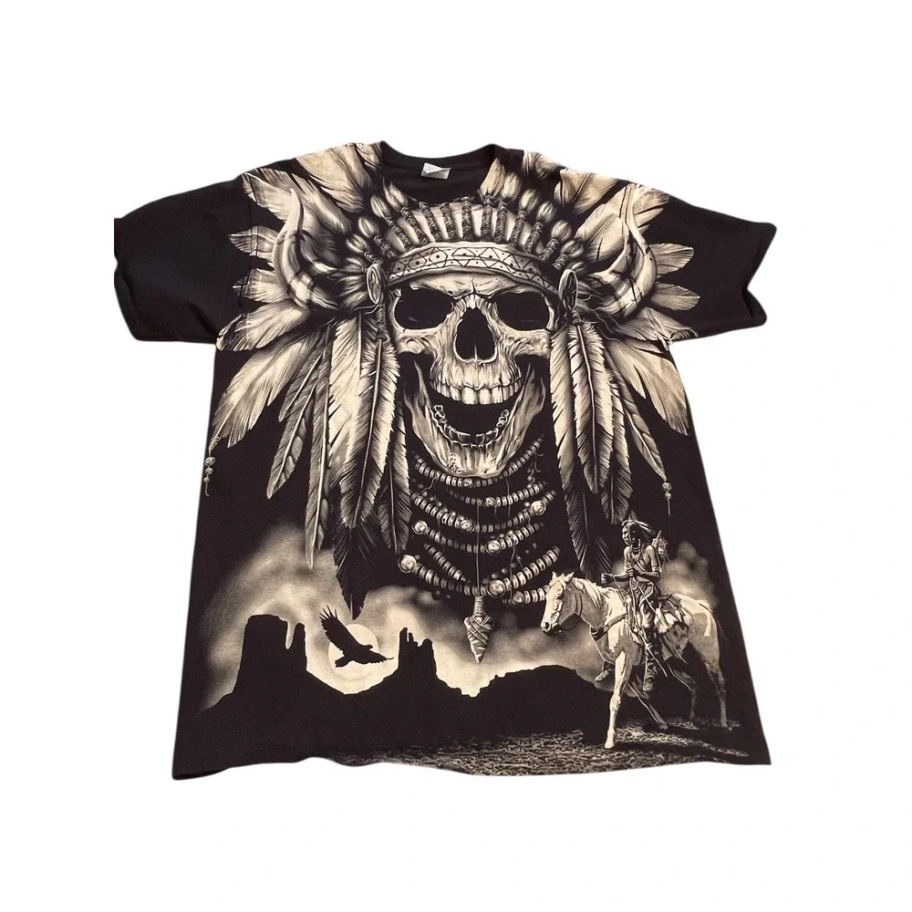 Native American Skull Indian‎ Head Dress Warrior Graphic Shirt Mens Large AOP
